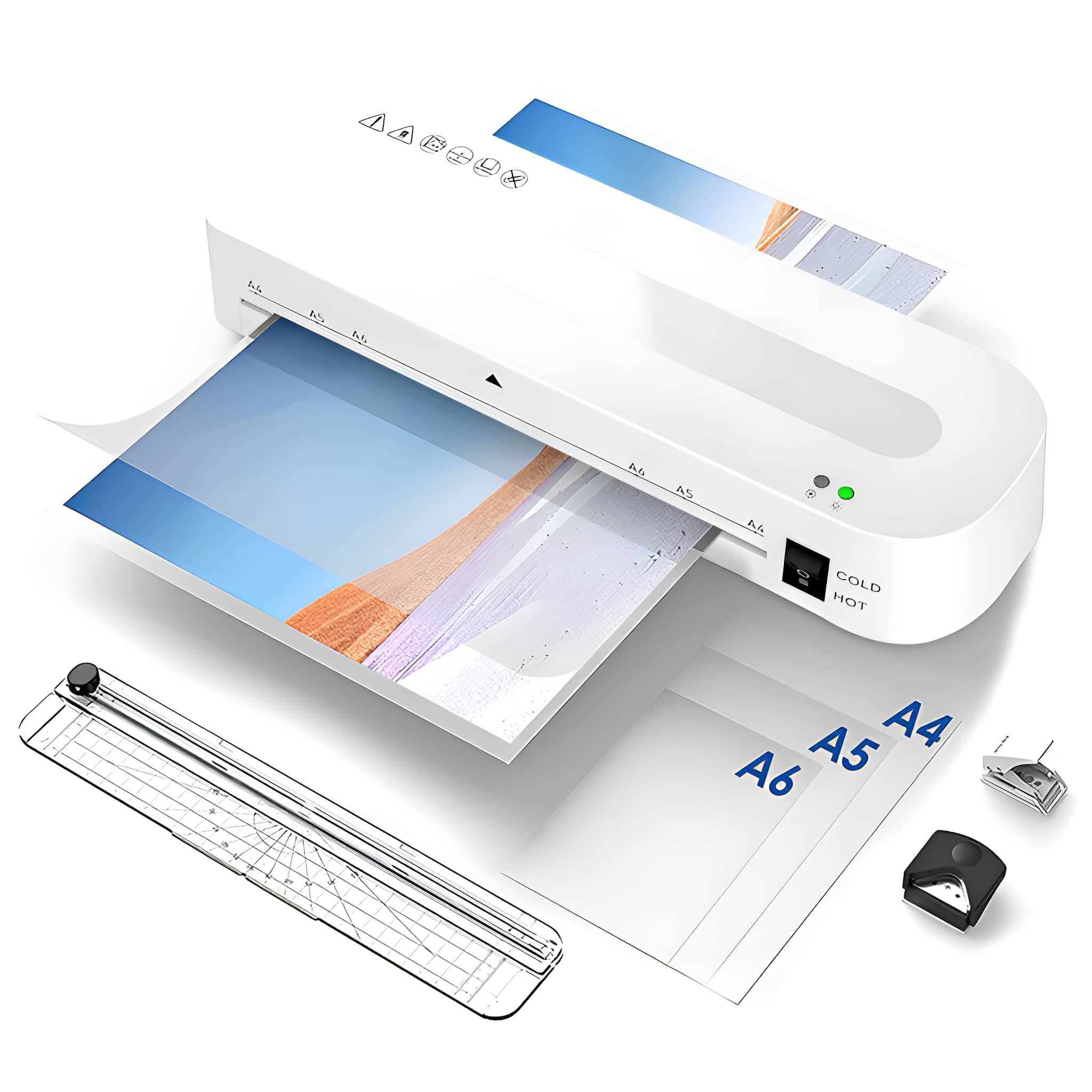 Ein weißes Laminiergerät mit Papierschneider, Trimmer und Eckenrunder. Ein Blatt wird laminiert.
