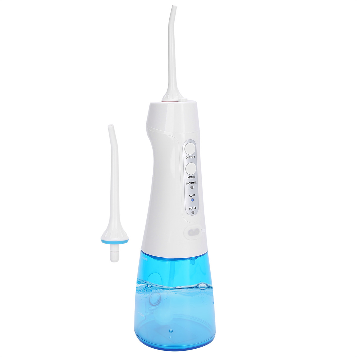 Ein weiß-blauer Wasserflosser mit zwei Spitzen. Es hat Tasten für Modus und Leistungsregelung.