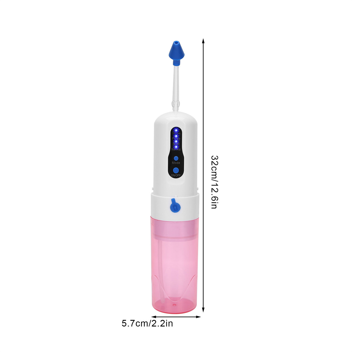 Weiß-rosa Zahnirrigator. Es hat eine lange Düse und einen blauen Knopf mit Modusauswahl.