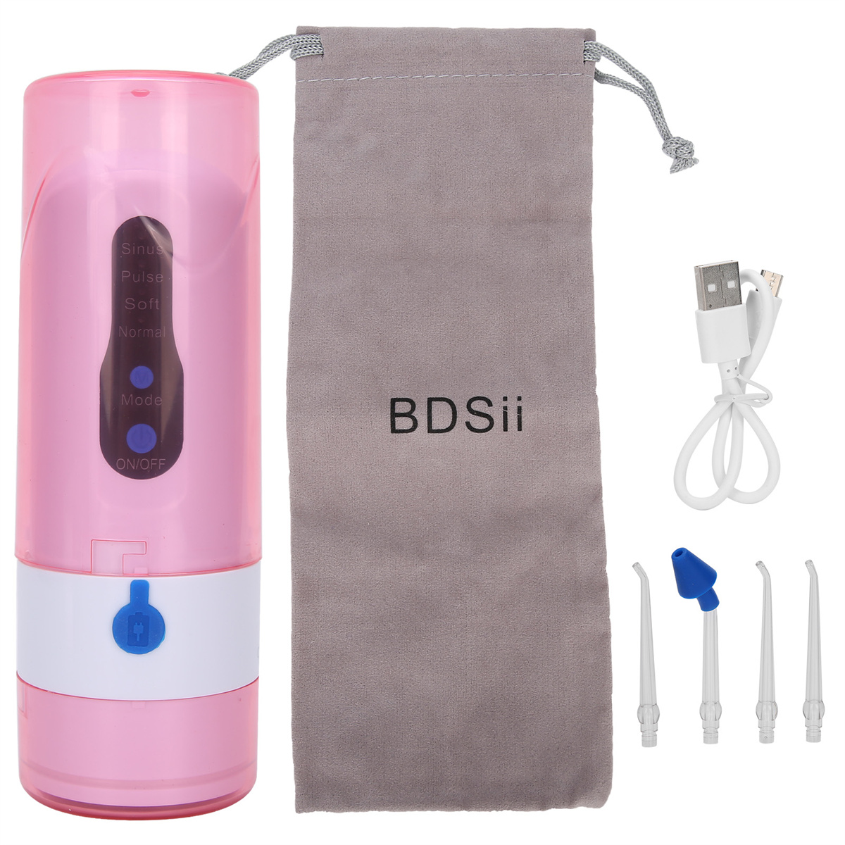 Ein rosa Munddusche mit Zubehör, einer grauen Tasche und einem USB-Ladegerät.