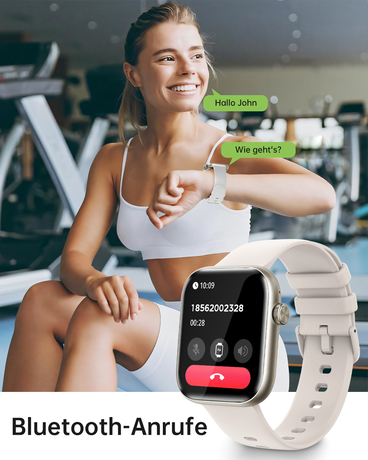 Frau mit Smartwatch, empfängt Nachrichten. Fitnessstudio im Hintergrund.