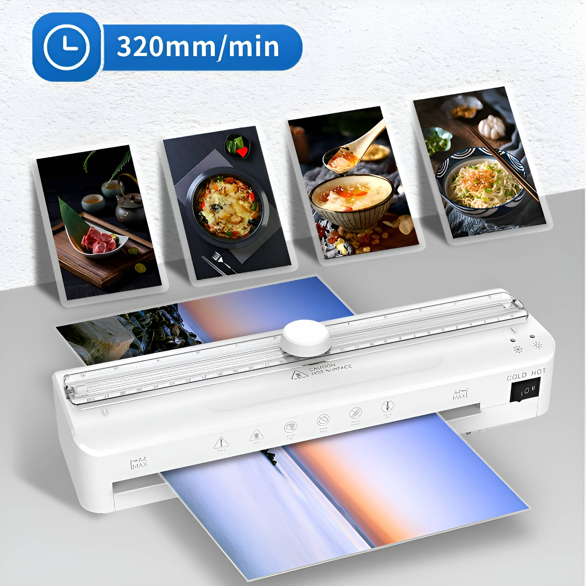 Laminiergerät mit vier Bildern von Lebensmitteln oben. Text sagt "320 mm/min".