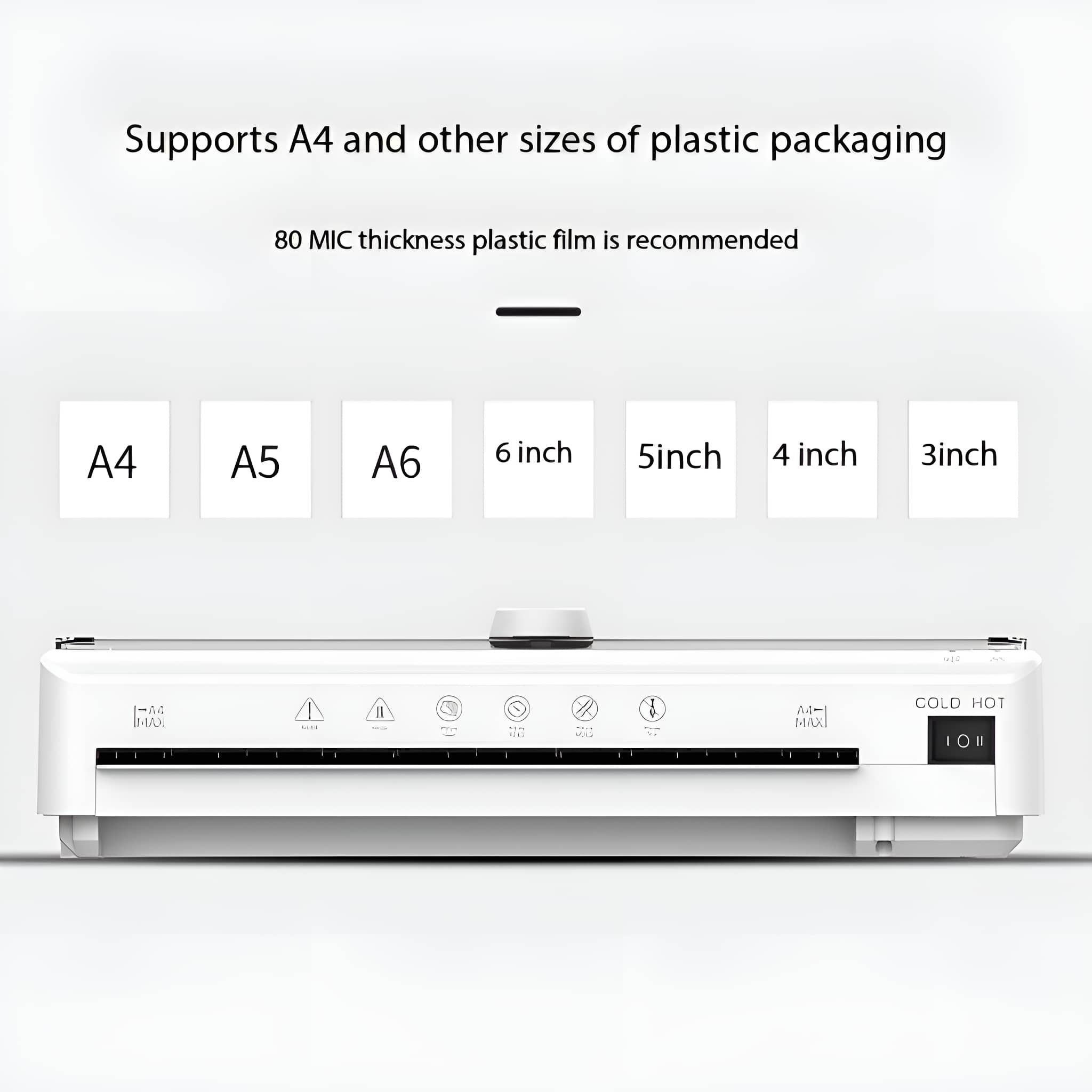 Weißer Laminator mit Größenoptionen. Text oben: Unterstützt A4 und andere Größen. 80 MIC-Kunststofffolie empfohlen.