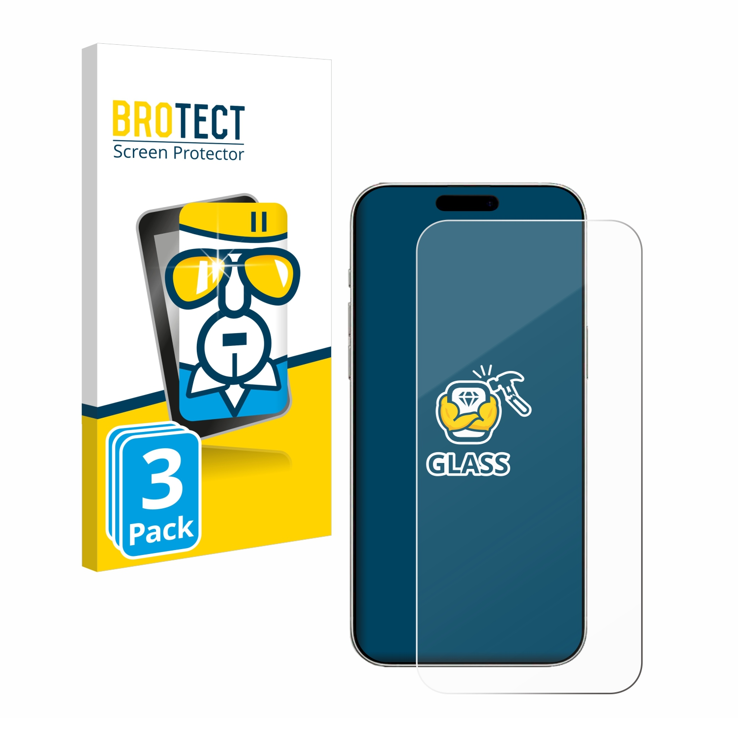 Brotect Displayschutzfolien-Verpackung und ein Telefon mit angebrachter Folie. Blauer Hintergrund.