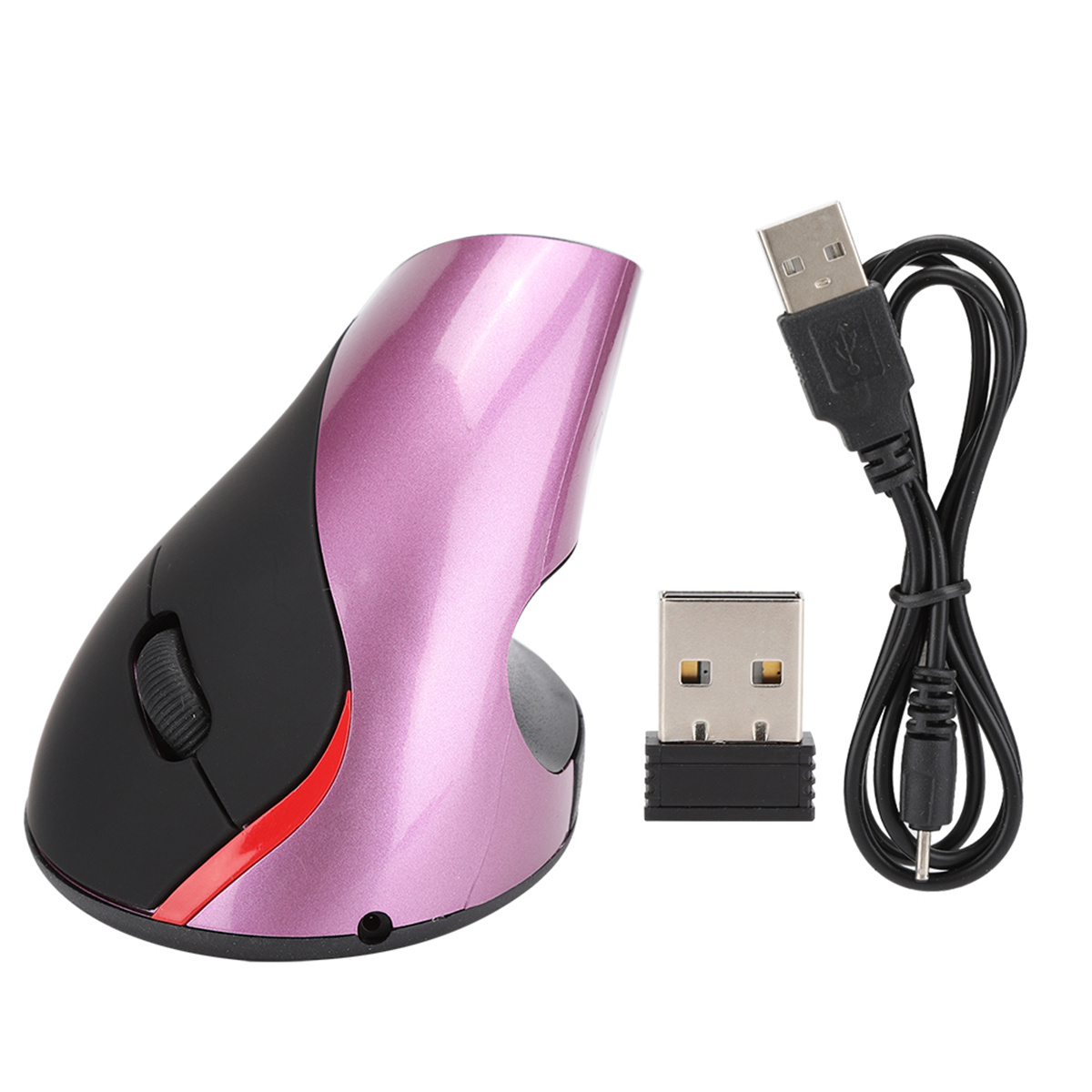 Vertikale ergonomische Maus, schwarz und lila, mit rotem Akzent. Enthält einen USB-Empfänger und ein Kabel.
