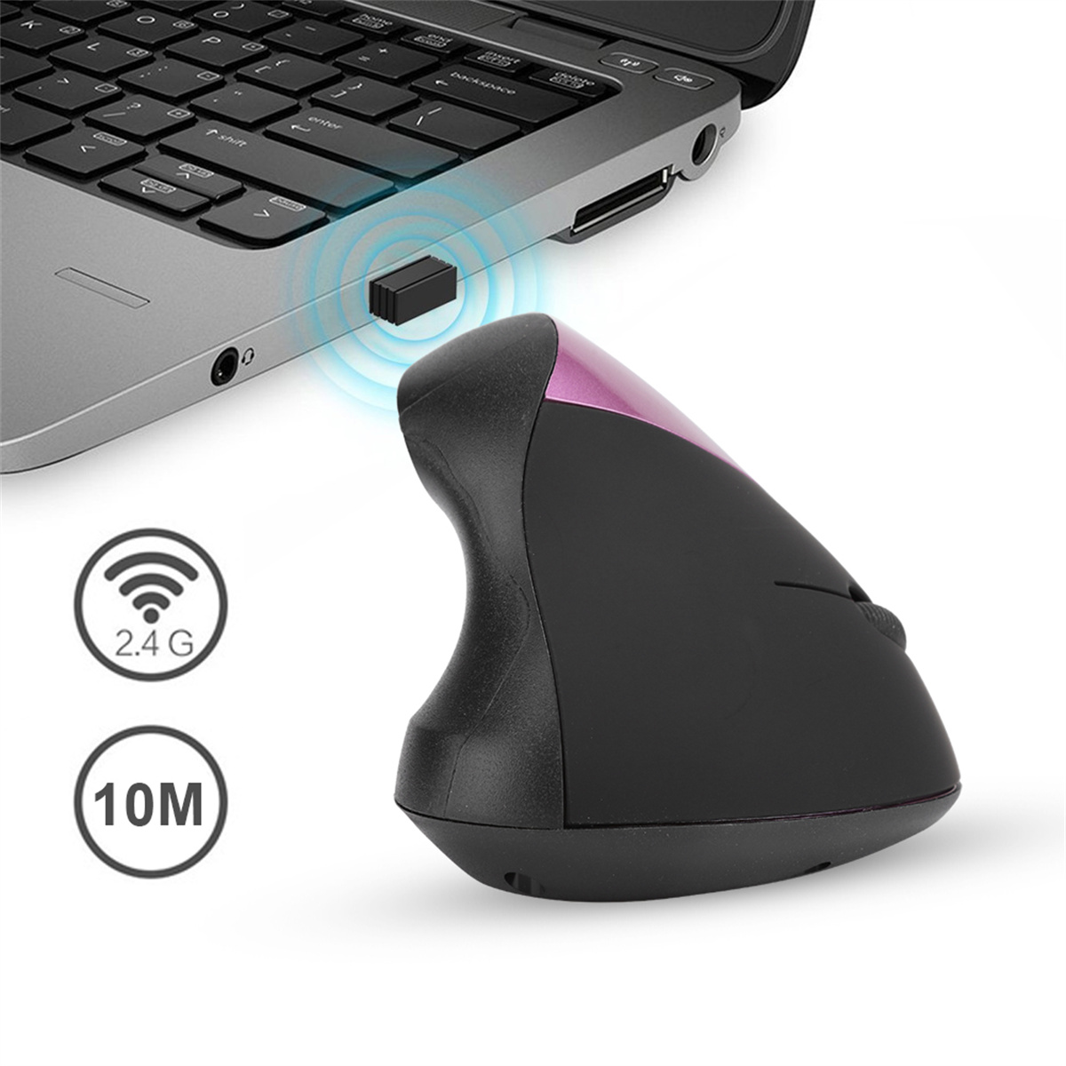 Eine schwarze vertikale Maus mit einem USB-Empfänger, der an einen Laptop angeschlossen ist. Der Hintergrund ist weiß mit Symbolen.