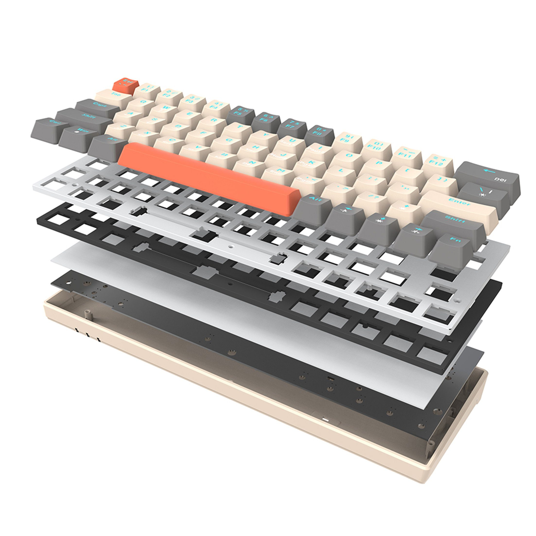 Explosionsansicht einer mechanischen Tastatur, zeigt Schichten von Komponenten.