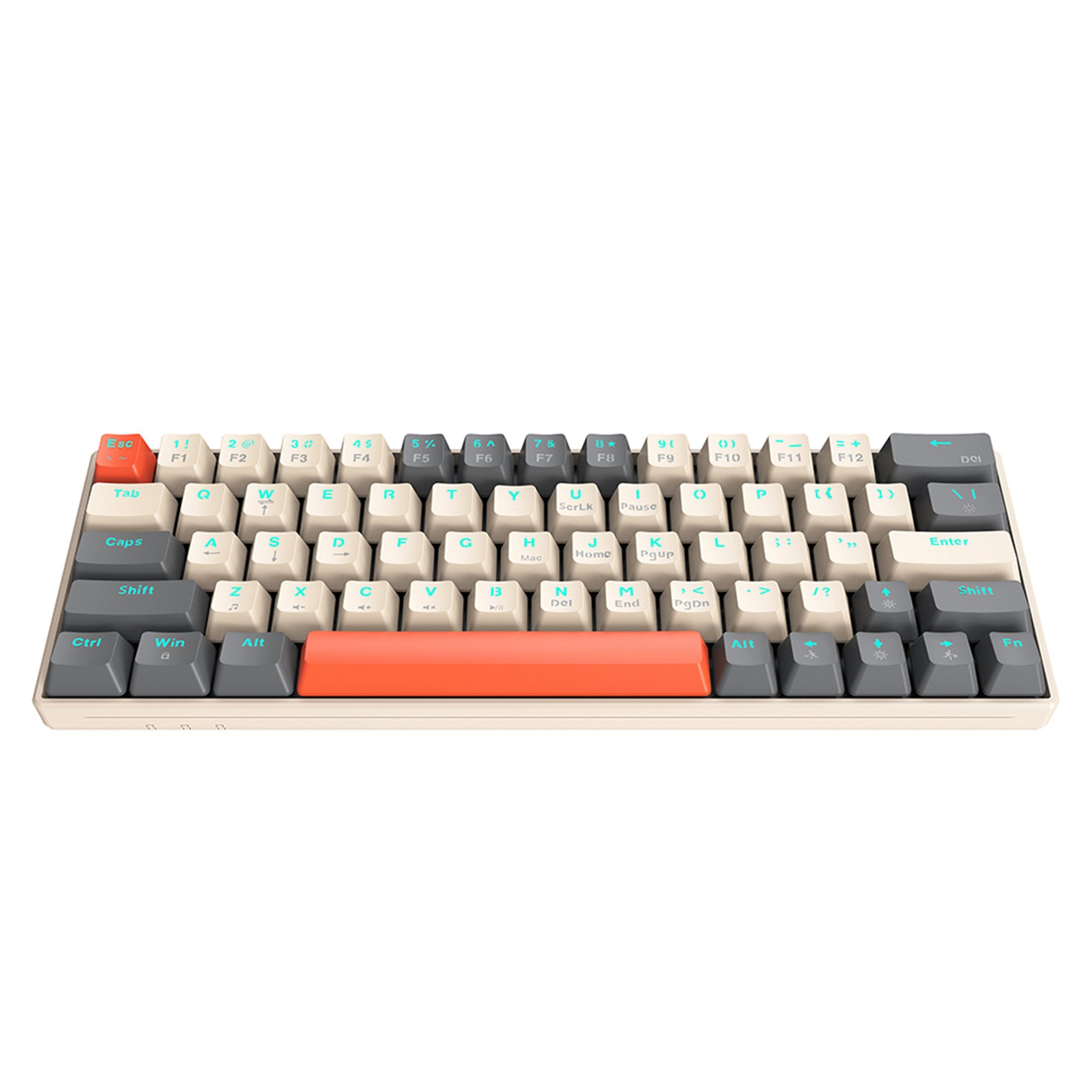 Kleine, beige mechanische Tastatur mit verschiedenfarbigen Tasten. Weißer Hintergrund.