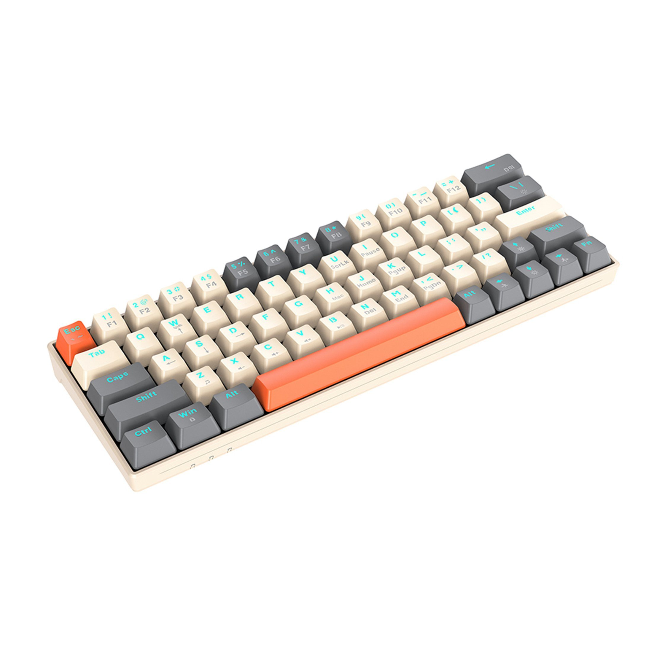 Eine kleine, beige Tastatur mit orangen und grauen Tasten. Sie hat ein kompaktes Design mit wenigen Funktionstasten.