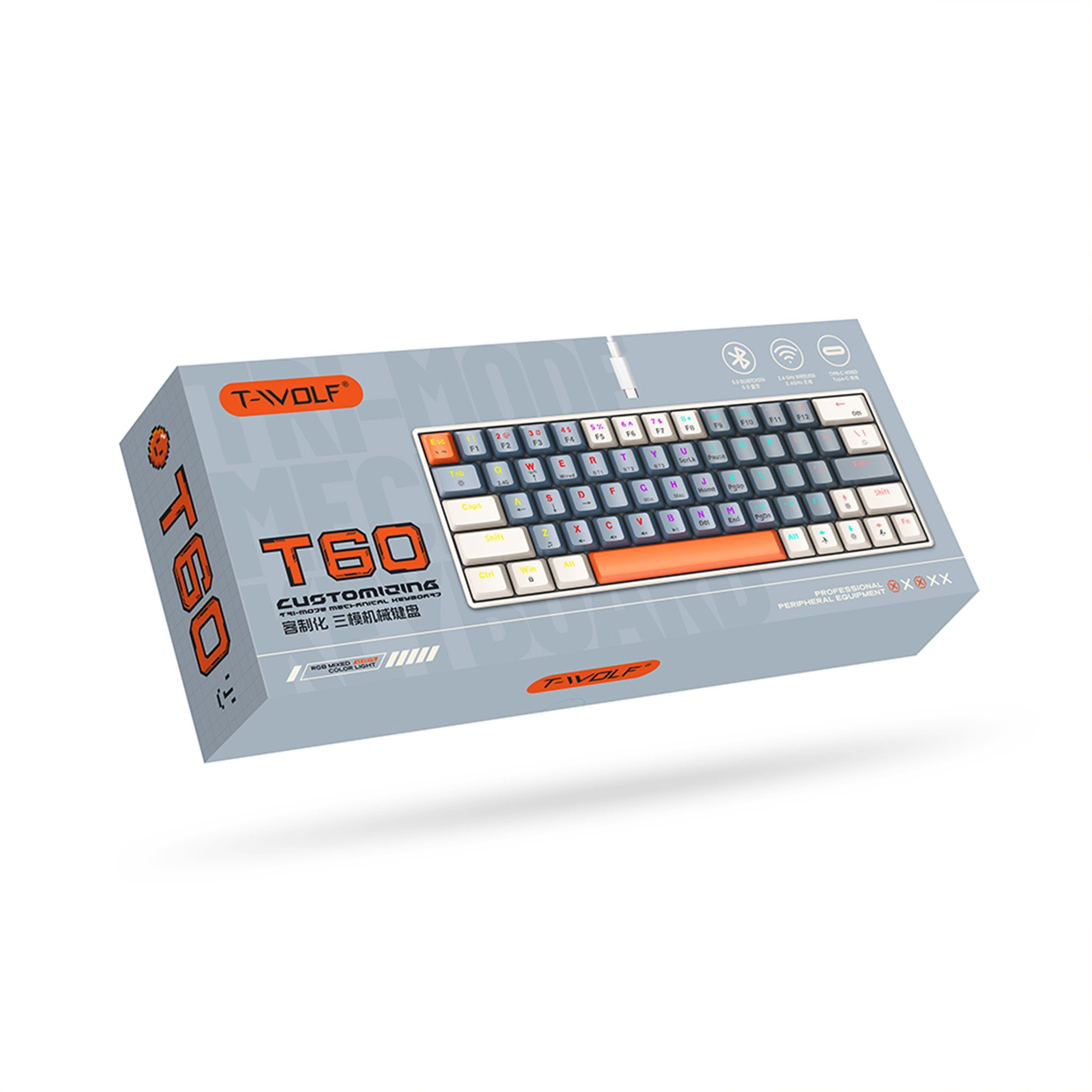 Eine Tastatur in einer Schachtel, orangefarbenes und graues Design. Die Tastenkappen sind weiß, orange und grau.