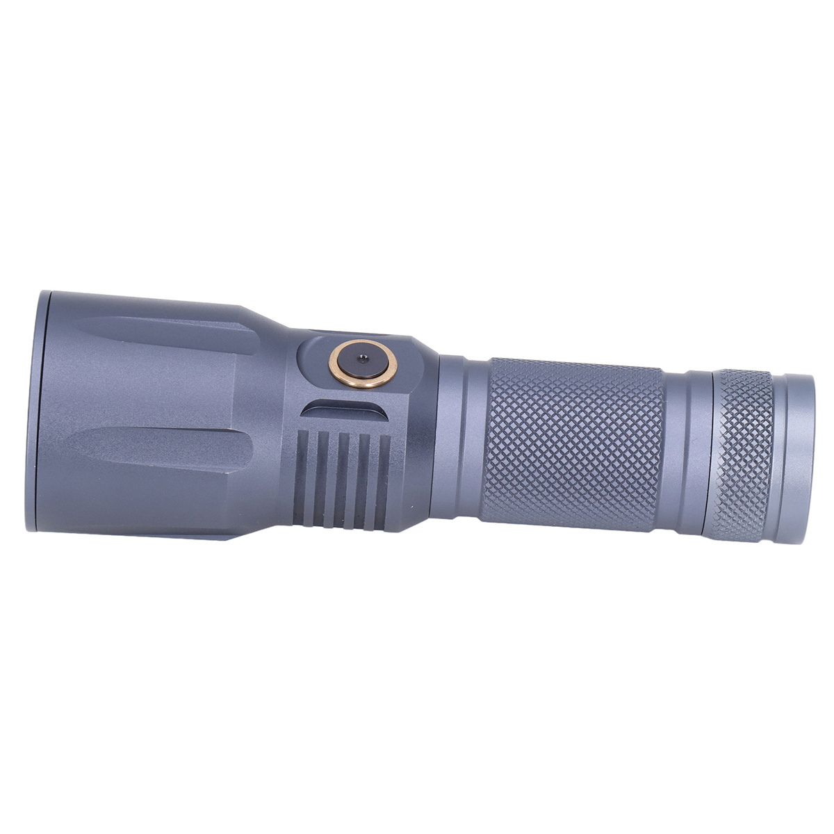 Graue Taschenlampe, zylindrischer Körper mit strukturierter Griff und Knopf. Goldfarbener Knopf.