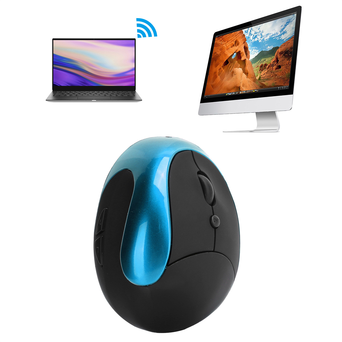 Ergonomische blaue und schwarze Maus mit Laptop und Monitor im Hintergrund.