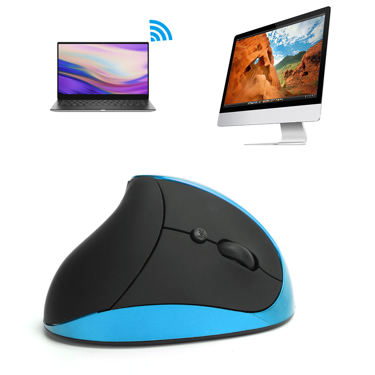 Ergonomische Maus mit Laptop und Monitor, die eine drahtlose Verbindung zeigen, auf Weiß.