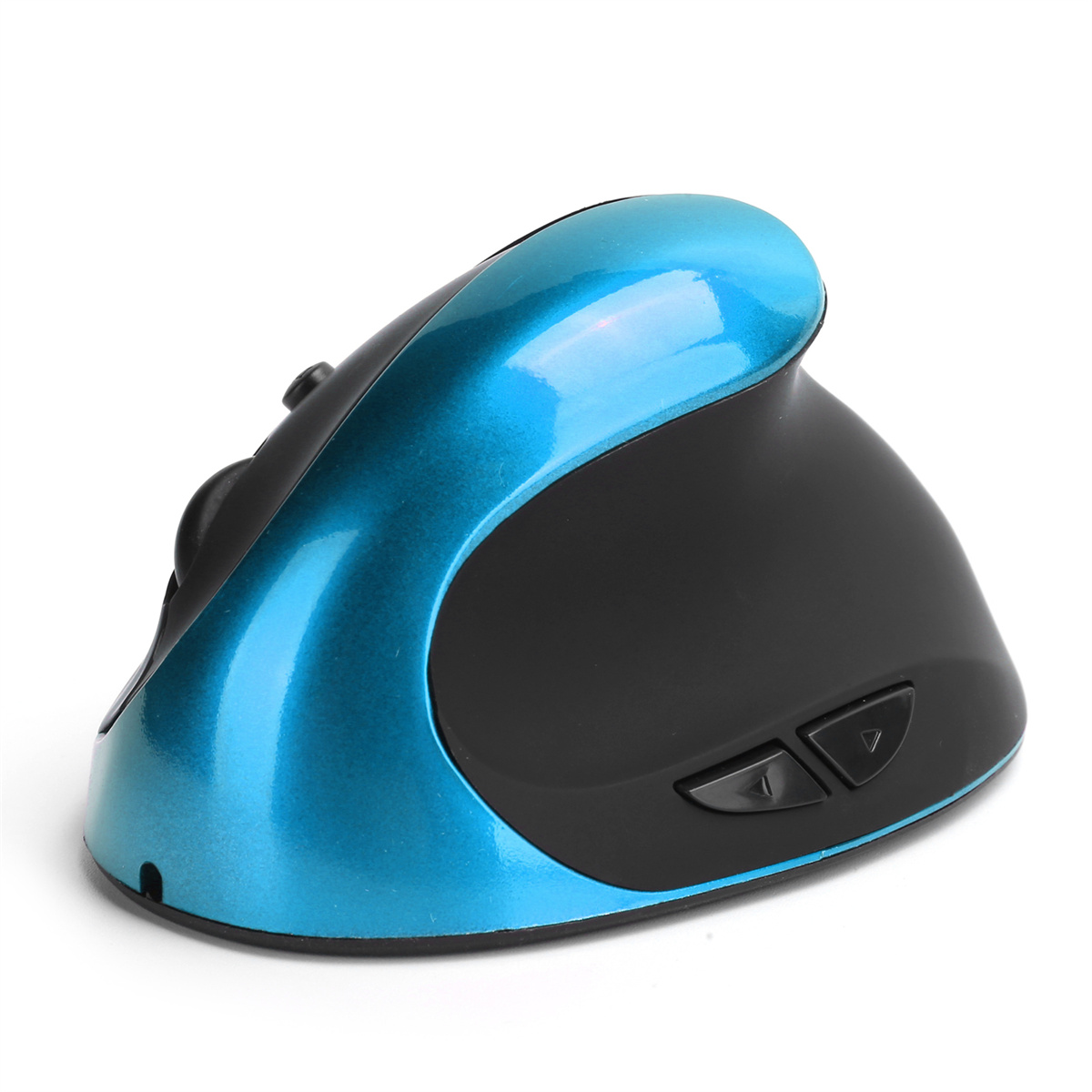 Eine ergonomische Maus in Schwarz und Blau. Sie hat ein geschwungenes Design mit Seitentasten.