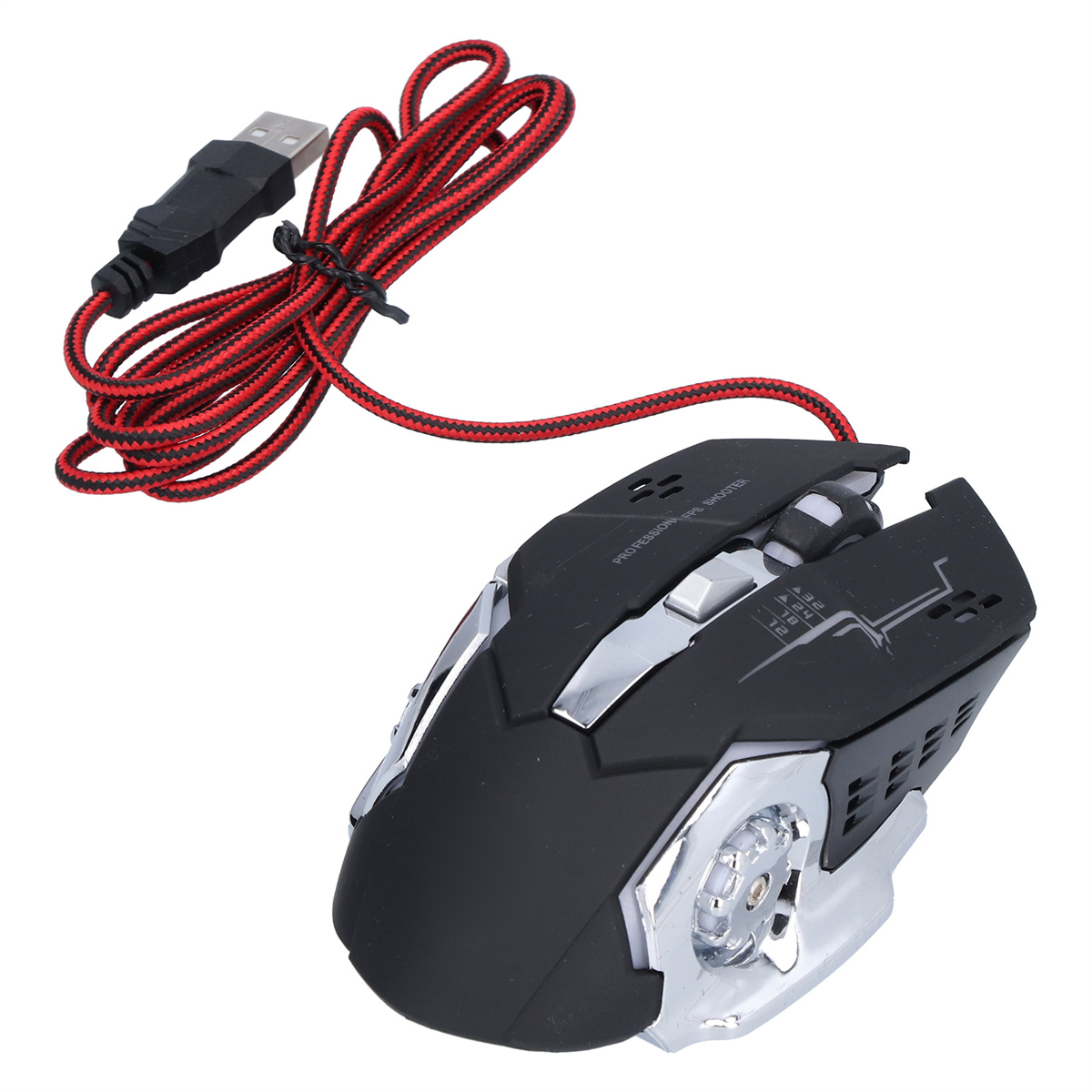 Schwarze Gaming-Maus mit rotem Kabel. Die Maus hat silberne Akzente und einen USB-Anschluss.