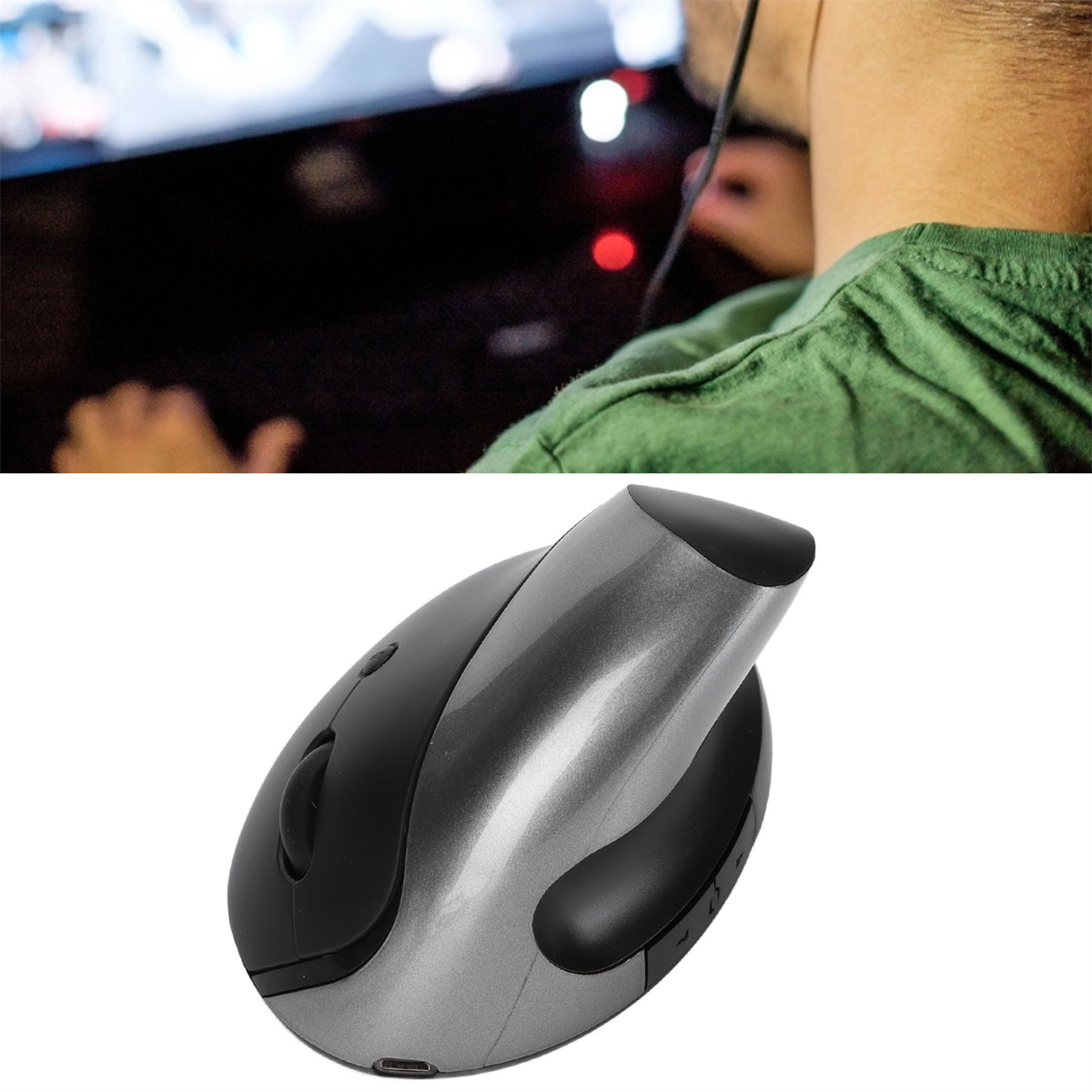 Eine Person in grünem Hemd benutzt einen Computer. Eine vertikale ergonomische Maus liegt davor auf dem Tisch.