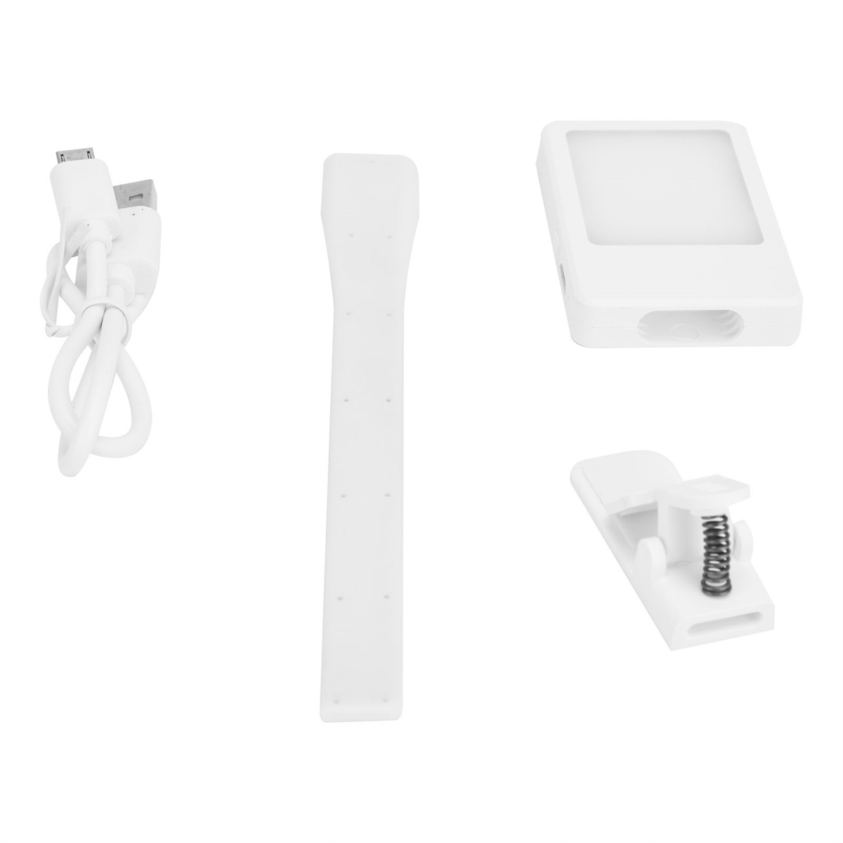 Weiße LED-Lichtteile: ein USB-Kabel, ein langer Lichtstreifen, ein Lichtmodul und ein federbelasteter Clip.