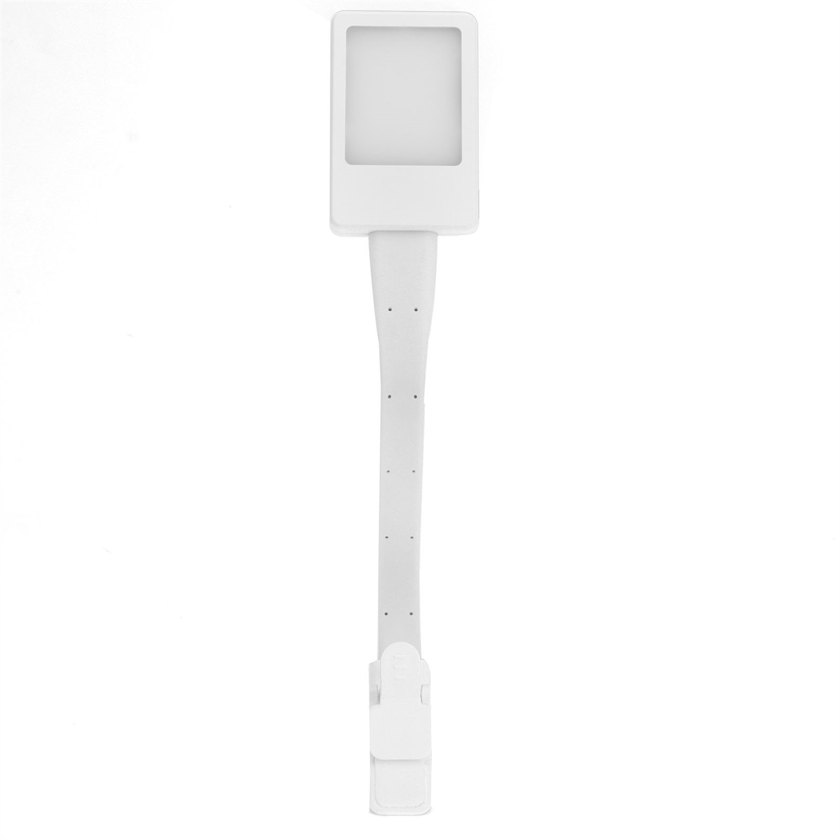 Weiße LED-Clip-on-Lampe mit flexiblem Hals auf weißem Hintergrund.