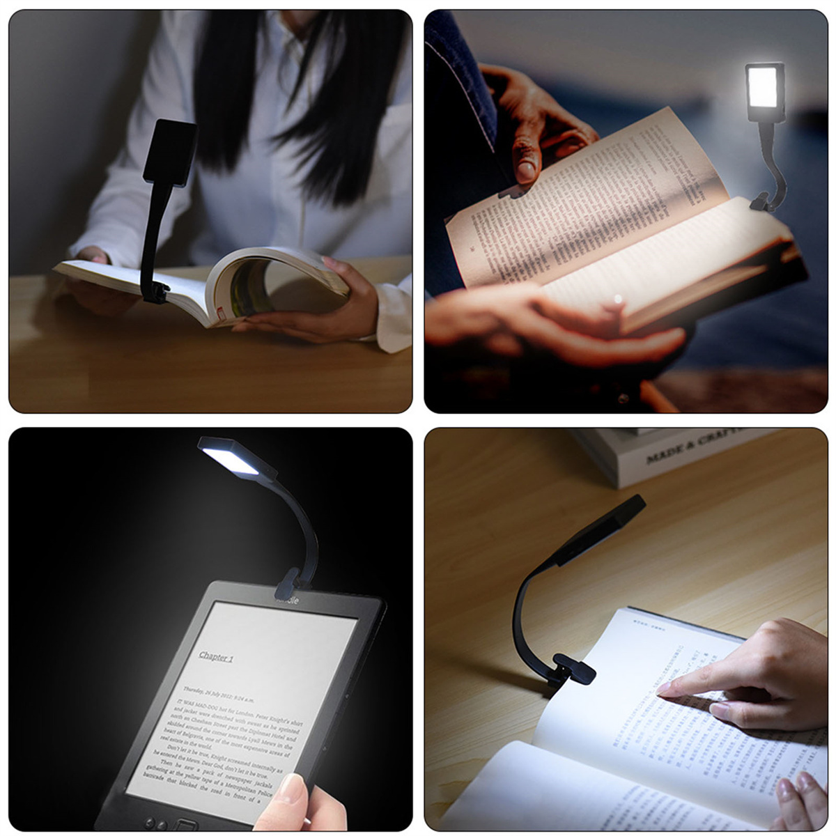Vier Bilder zeigen die Verwendung einer Buchleuchte. Das Licht ist schwarz und an Büchern und E-Readern befestigt.
