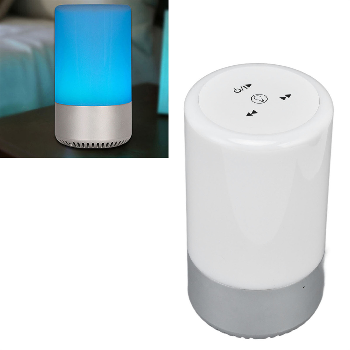 Weiße und silberne Zylinderlampe. Die Oberseite hat Knöpfe. Die linke Seite zeigt blaues Licht.