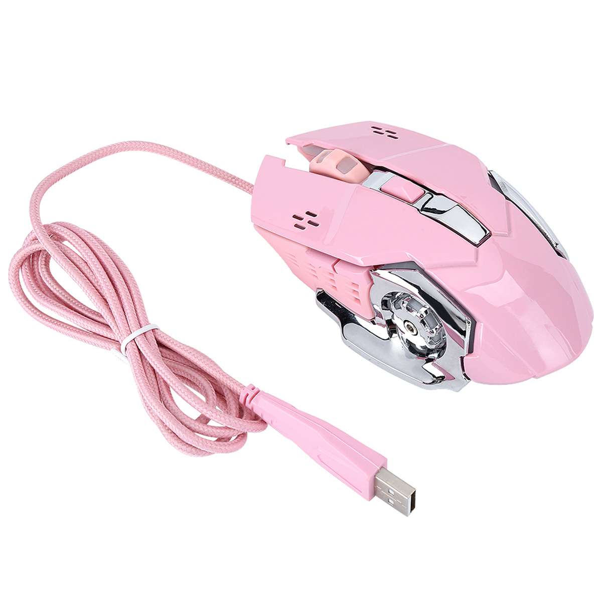 Pinke Gaming-Maus mit USB-Kabel. Die Maus hat ein schlankes Design mit mehreren Tasten und einem Scrollrad.