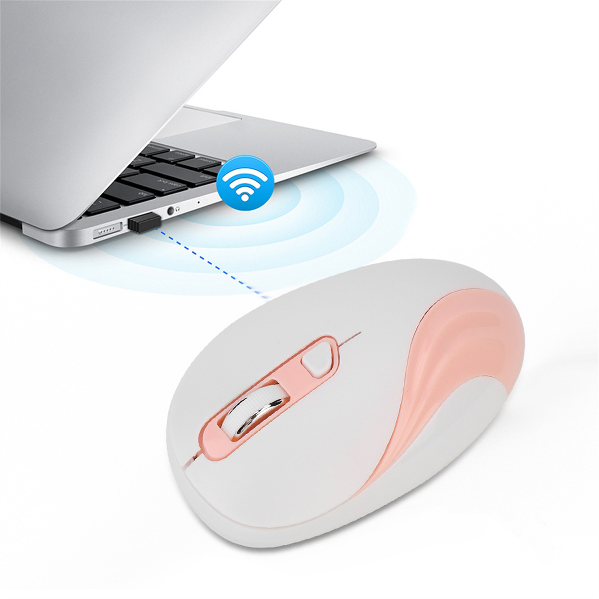 Weiße und rosa kabellose Maus neben einem Laptop. Ein WLAN-Symbol schwebt über der Maus.