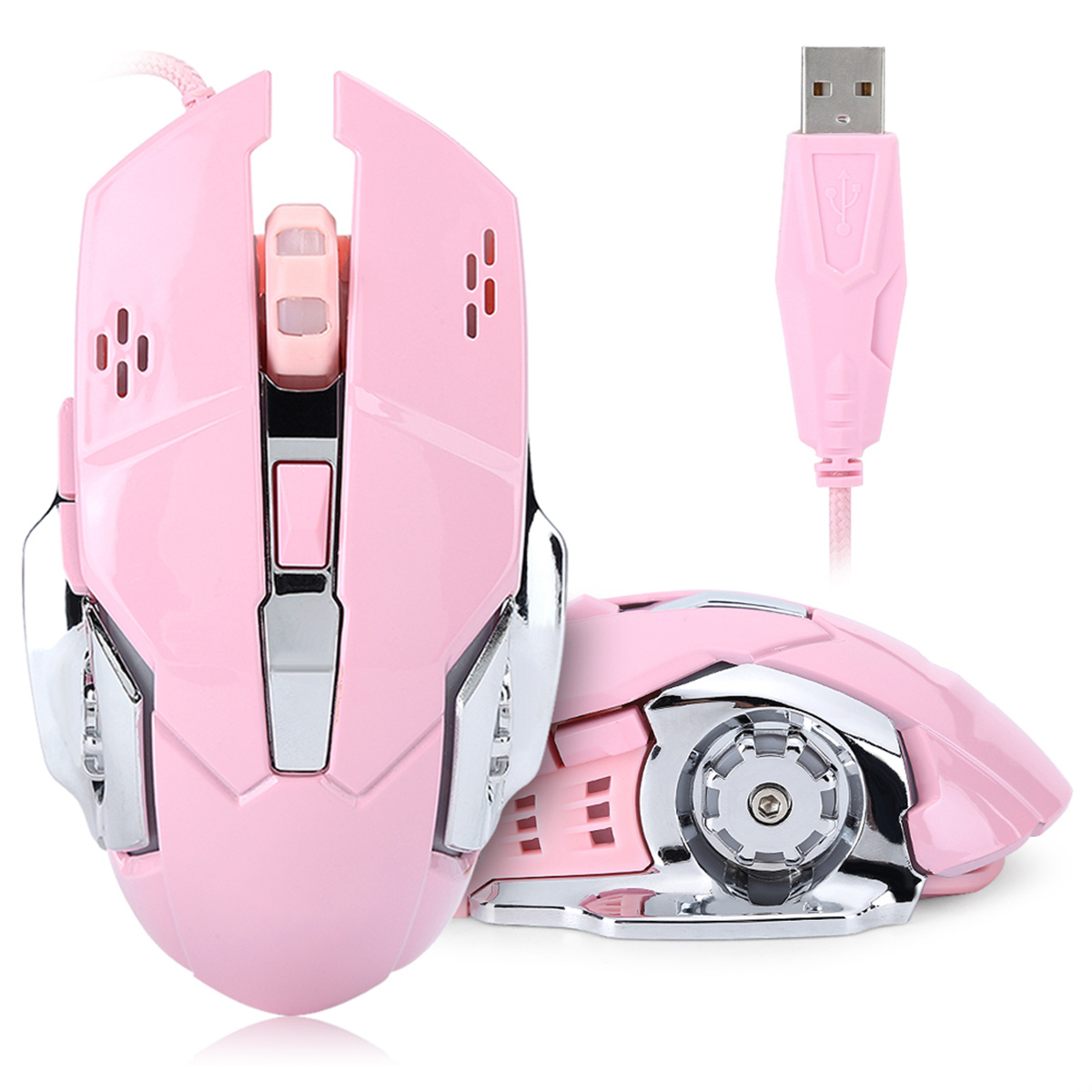 Eine rosa Gaming-Maus mit USB-Kabel und Chromakzenten. Sie ist abgewinkelt und hat Tasten.