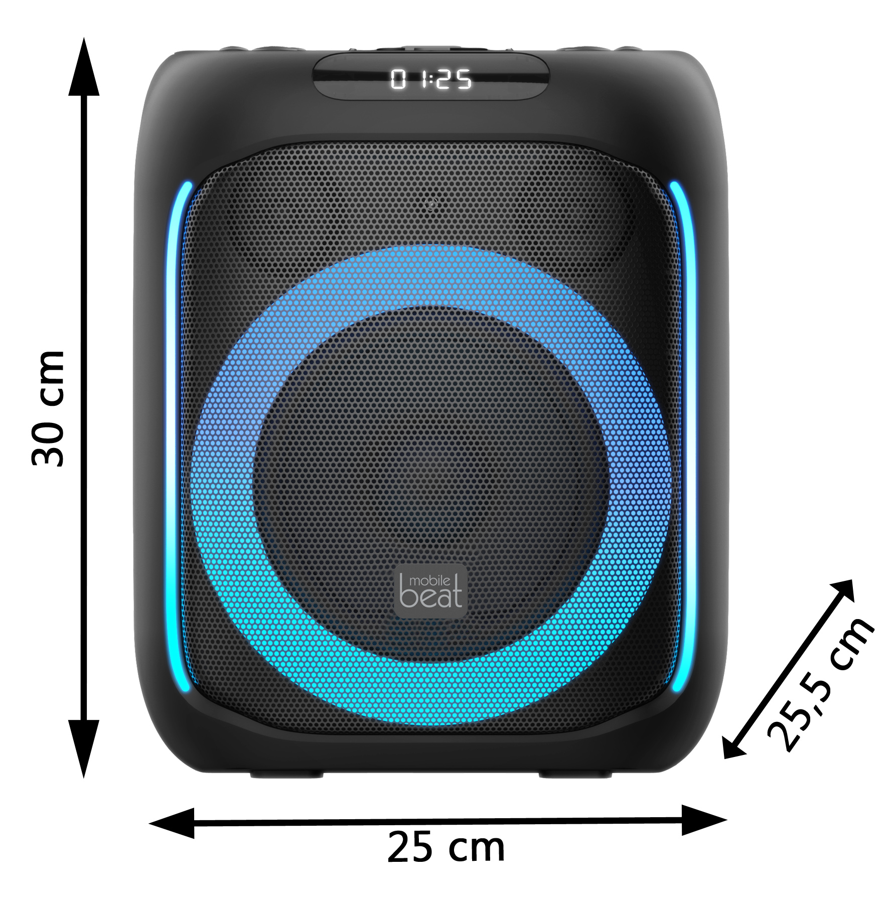 Schwarzer Lautsprecher mit blauem Lichtring. Abmessungen: 30 cm hoch, 25 cm breit, 25,5 cm tief.