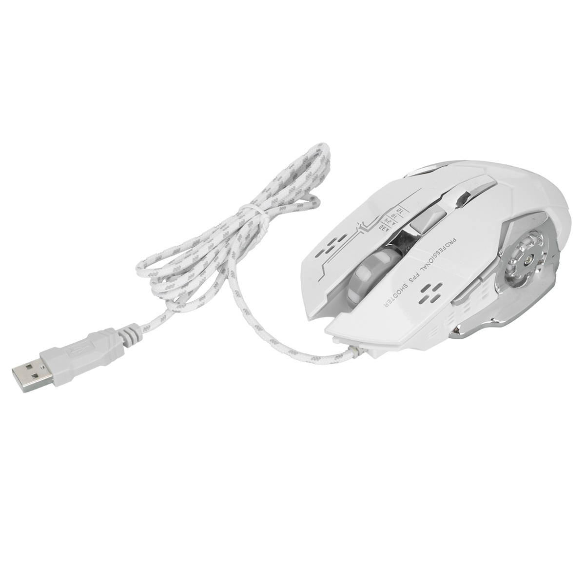 Weiße Gaming-Maus mit Kabel. Die Maus hat ein futuristisches Design.