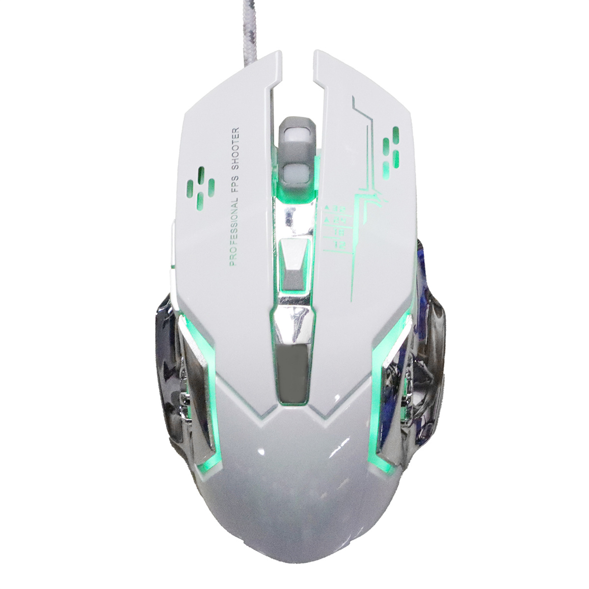 Weiße Gaming-Maus mit grünen Lichtern, silbernem und schwarzem Design.