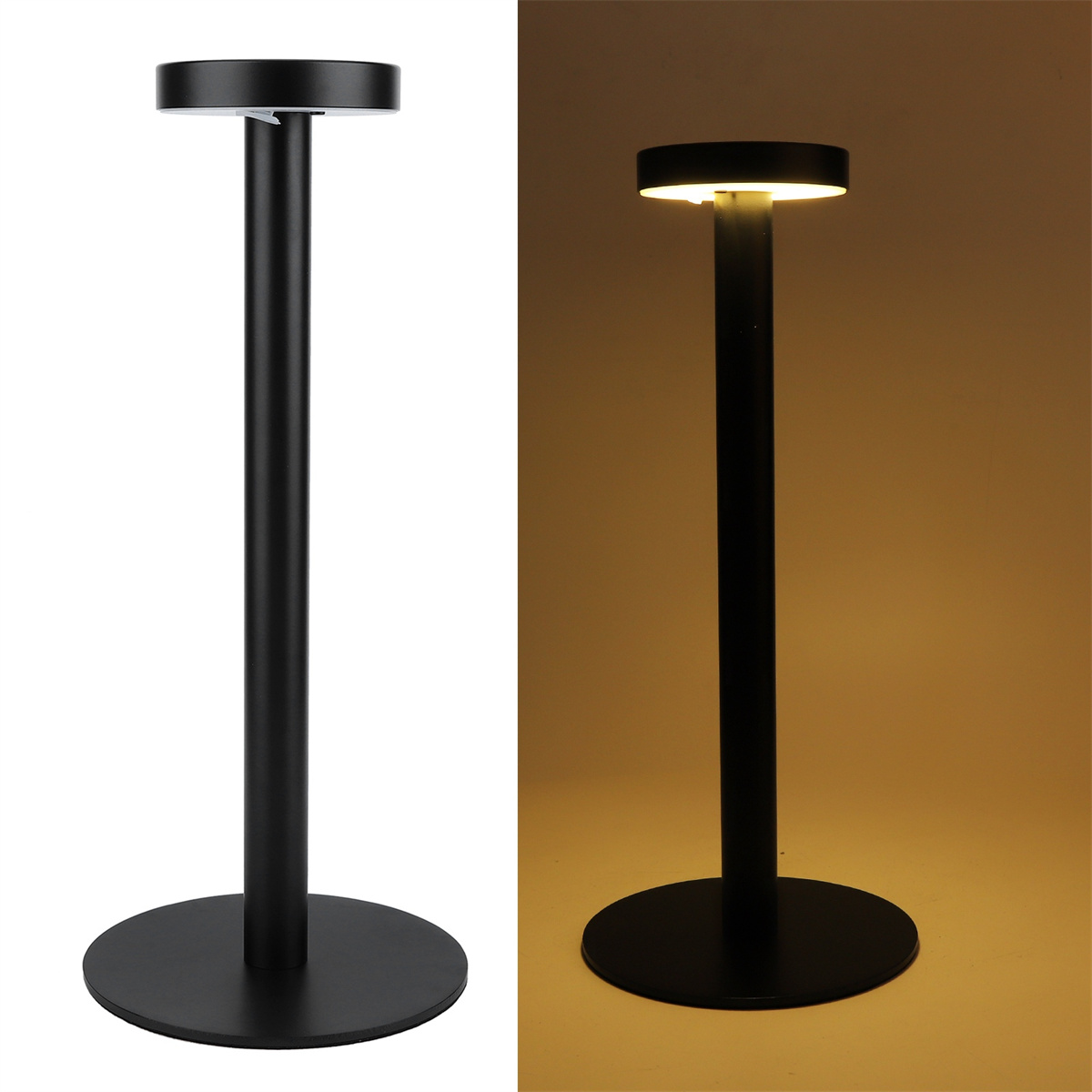 Zwei schwarze Lampen, eine beleuchtet, beide mit runden Basen, hoch und schlank.
