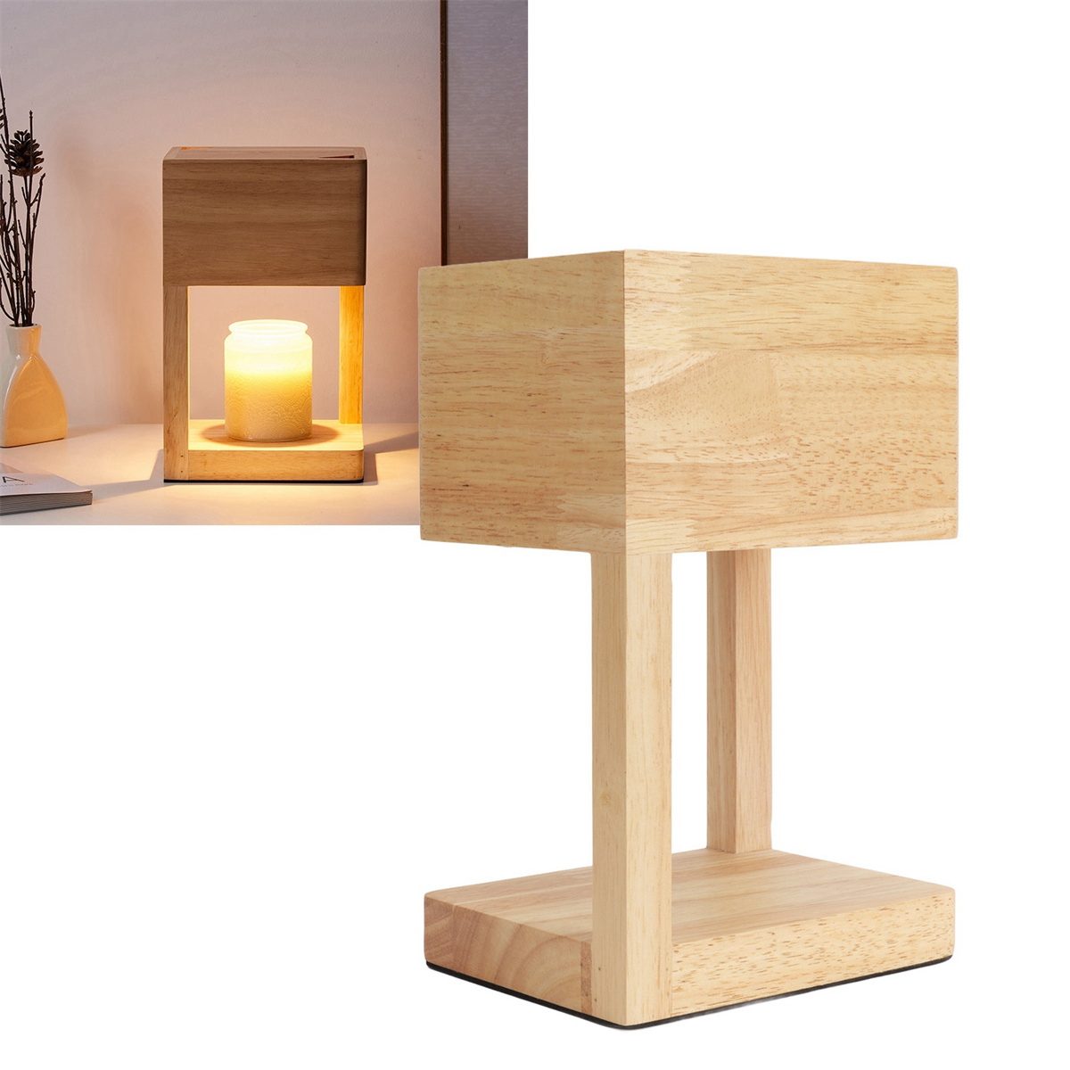 Eine Holzlampe mit einer Kerze und eine andere Lampe links, ebenfalls mit einer Kerze.