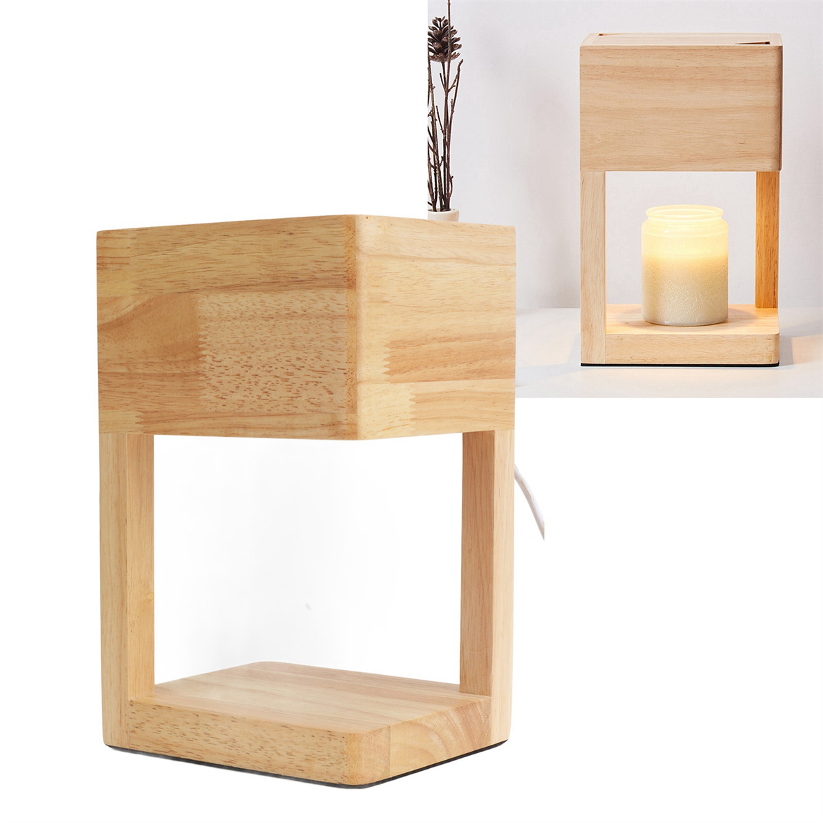 Holzlampe mit quadratischem Oberteil und quadratischer Basis, verbunden durch Stützen.