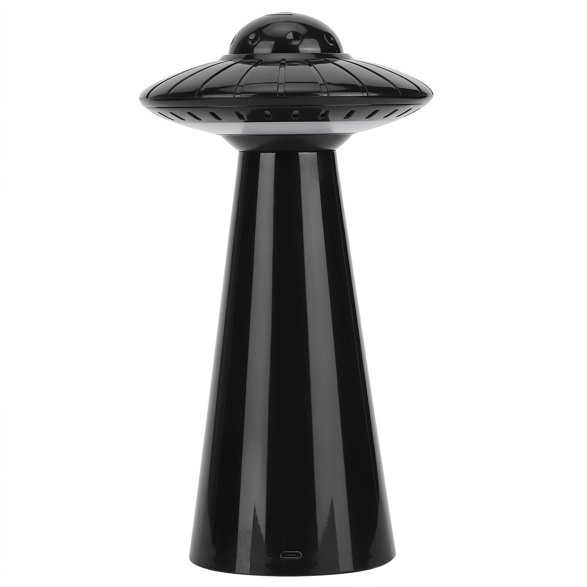 Eine schwarze UFO-förmige Lampe mit hohem, zylindrischen Sockel auf weißem Hintergrund.