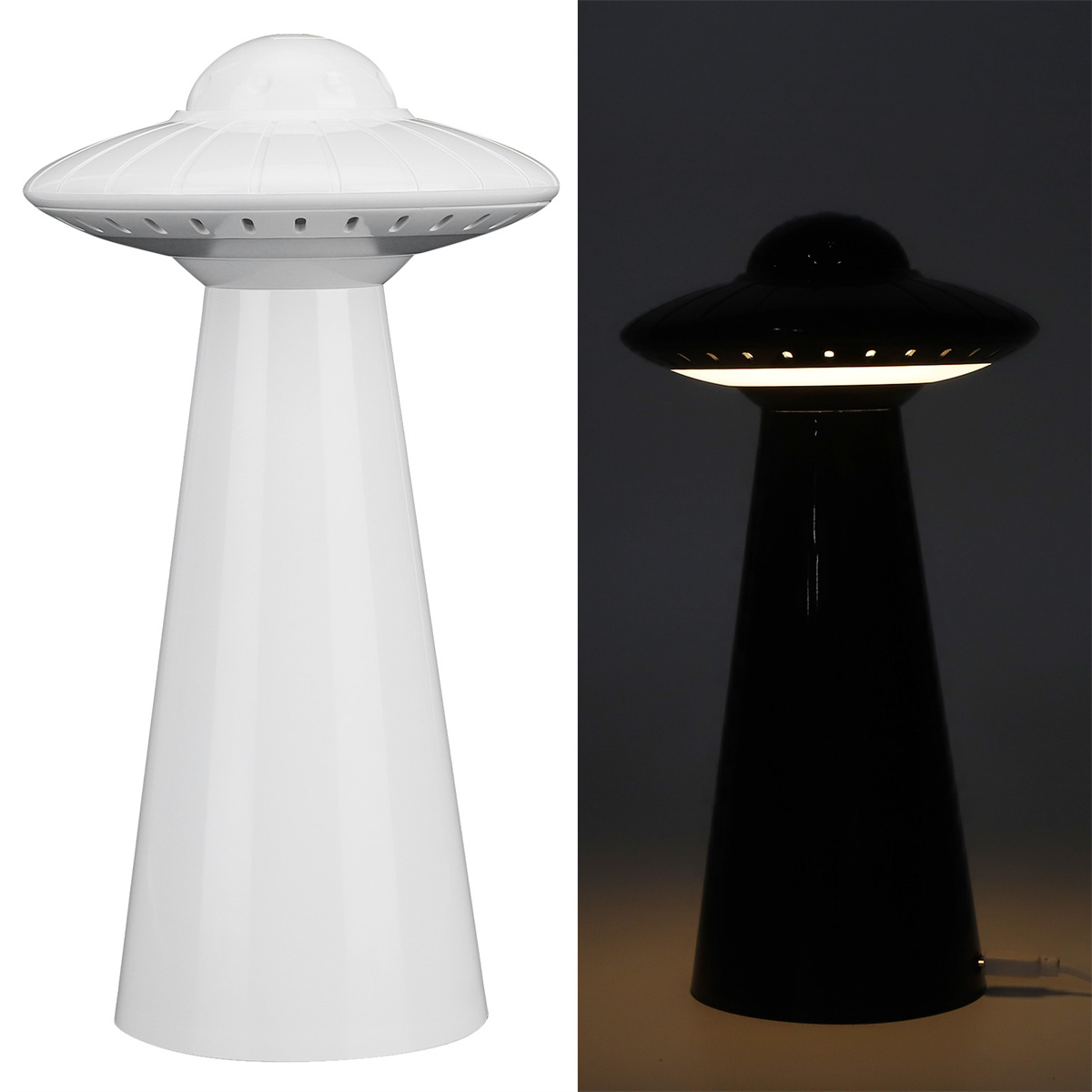 Zwei Bilder einer UFO-förmigen Lampe. Eine weiß, die andere schwarz, beide mit zentraler Lichtquelle.