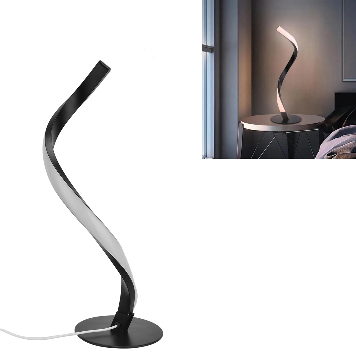 Wirbelnde schwarz-silberne Lampe auf schwarzem Sockel. Inset zeigt ähnliche Lampe auf Tisch.