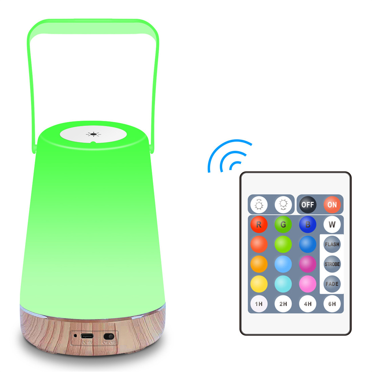 Eine grüne Lampe mit Griff und Fernbedienung mit Farboptionen.