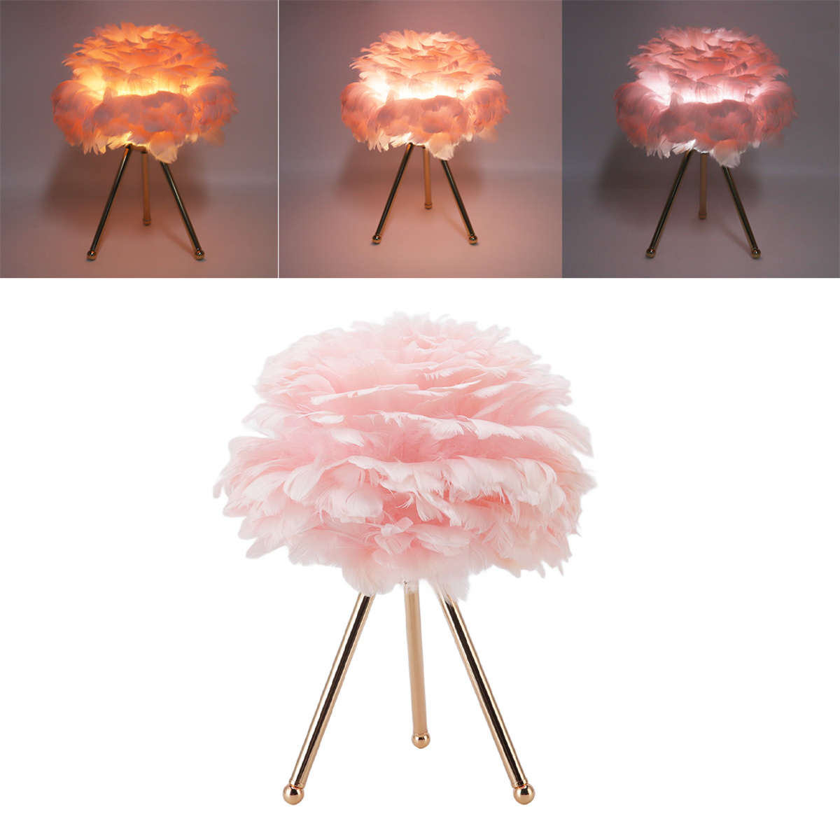 Eine rosa Federlampe auf einem goldenen Stativ mit drei Farbvariationen.
