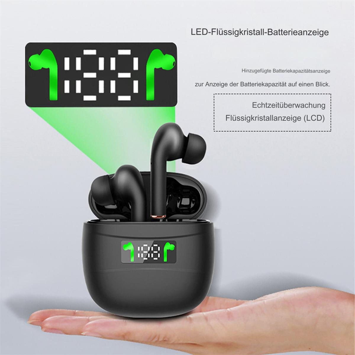 Schwarze kabellose Ohrhörer in einem Ladecase. Ein kleiner Bildschirm zeigt die Akkulaufzeit.