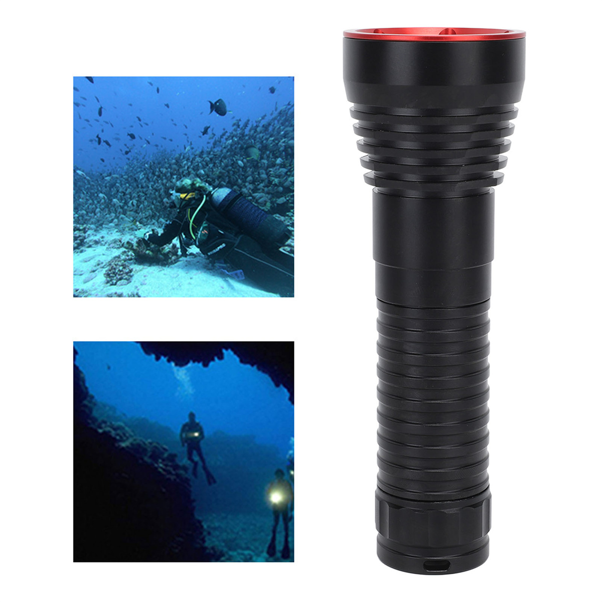 Eine schwarze Taschenlampe mit rotem Deckel, Taucher unter Wasser und eine Höhle.