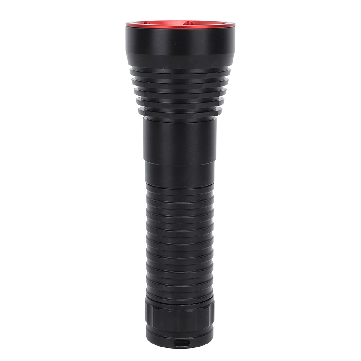 Schwarze Taschenlampe mit rotem Ring oben und geriffeltem Körper.