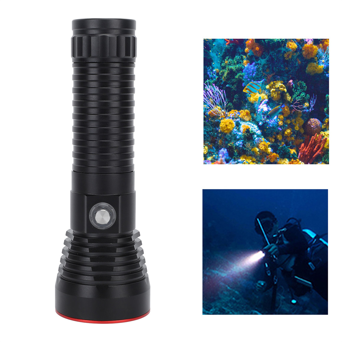 Schwarze Taschenlampe mit roter Basis und Taucher im Wasser mit Lichtstrahl, Korallenriff und Taucher im Ozean.
