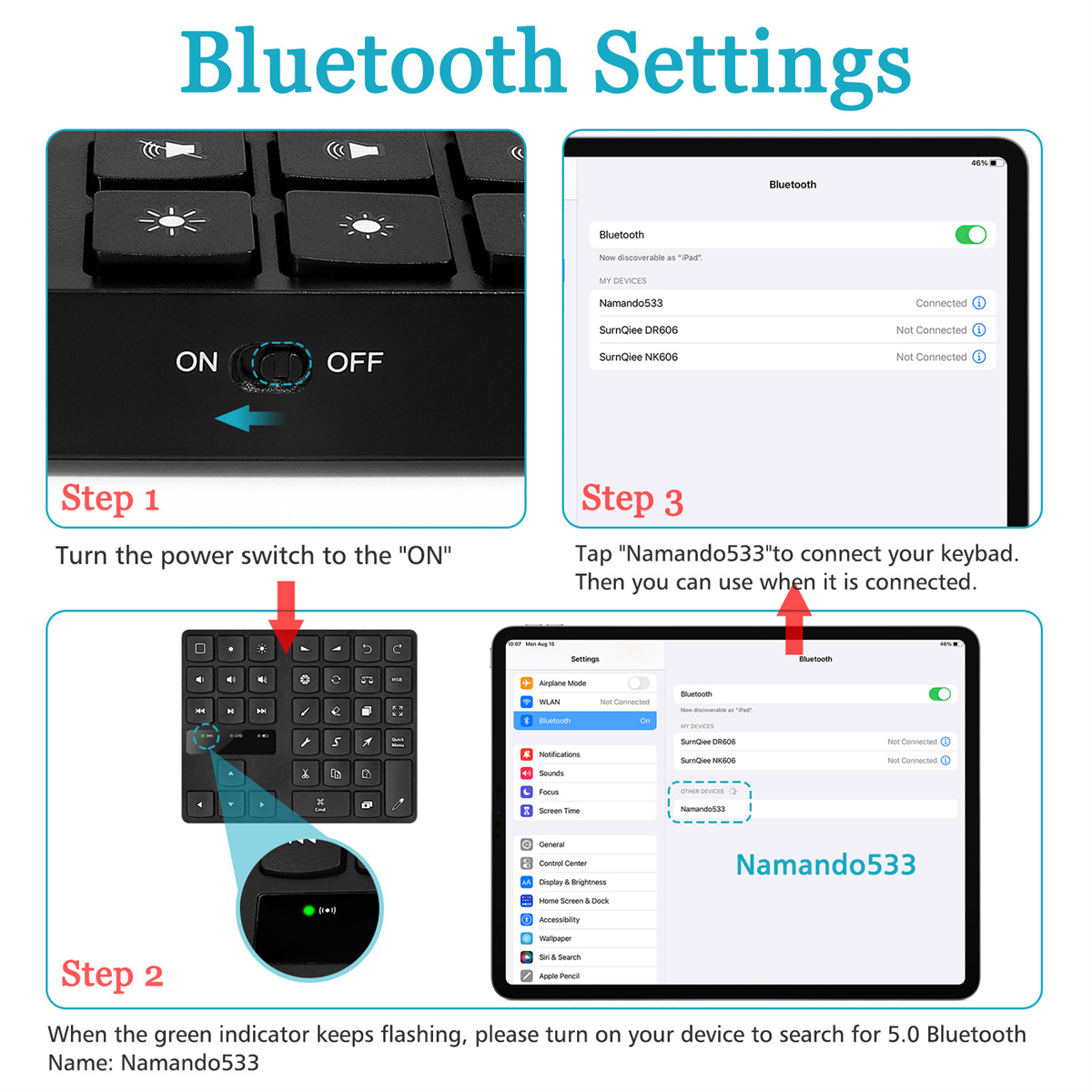 Diagramm mit Bluetooth-Einstellungen auf einem Tablet, Tastatur und Ein-/Aus-Taste.
