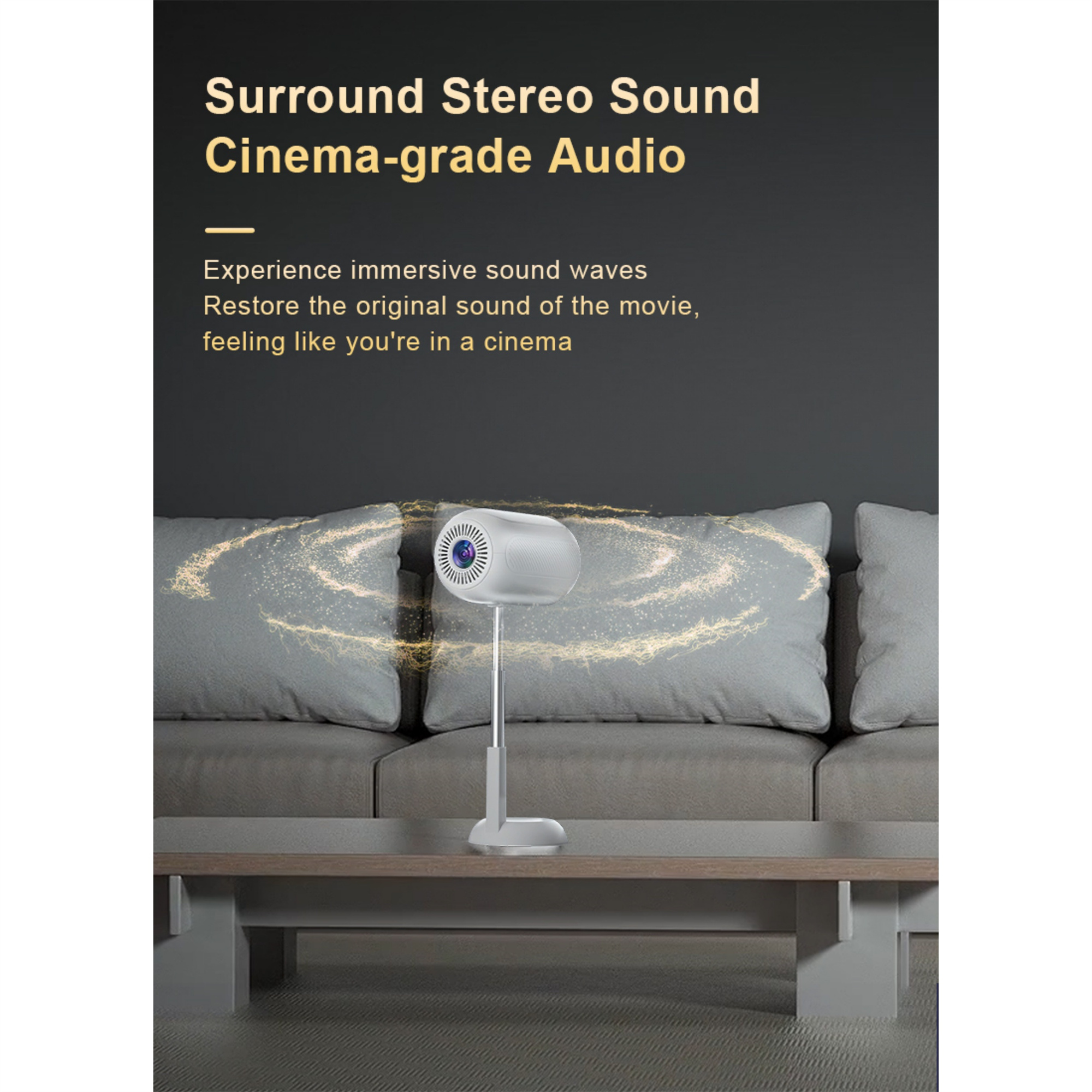 Ein weißer Projektor auf einem Tisch. Text lautet: Surround Stereo Sound Kino-Audio.