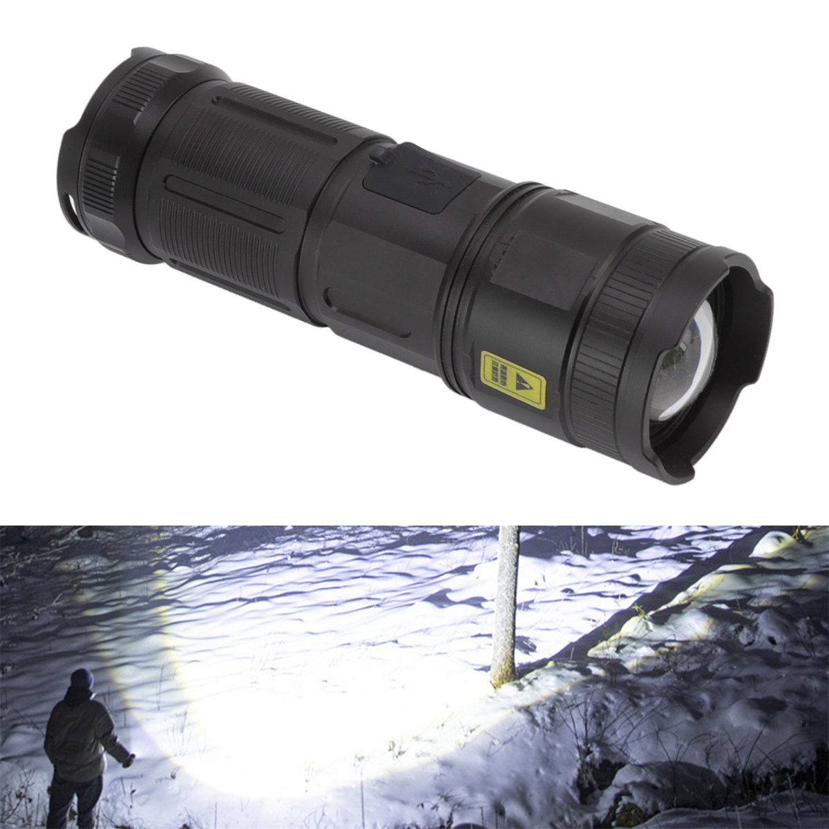 Schwarze Taschenlampe. Heller Strahl beleuchtet Schnee. Person im Hintergrund.