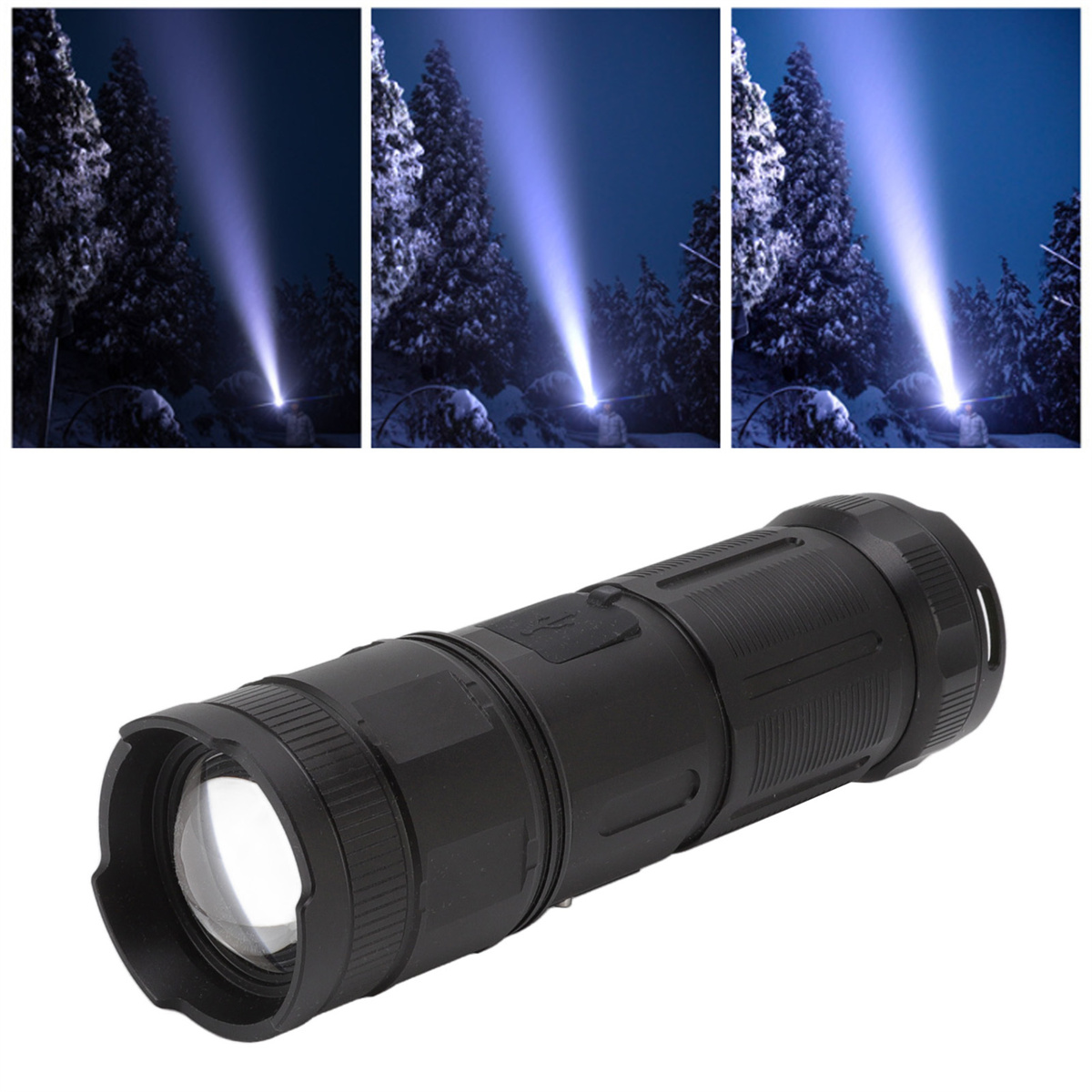 Schwarze Taschenlampe, drei Bilder des Lichtstrahls in dunkler Waldumgebung. Schnee am Boden.