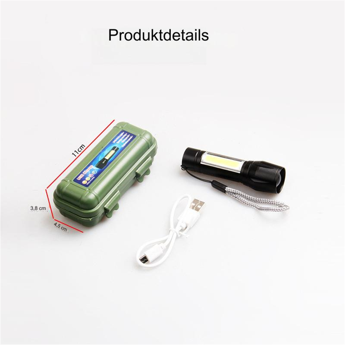 Ein grüner Koffer, eine Taschenlampe und ein weißes USB-Kabel. Der Koffer hat Maße drauf.