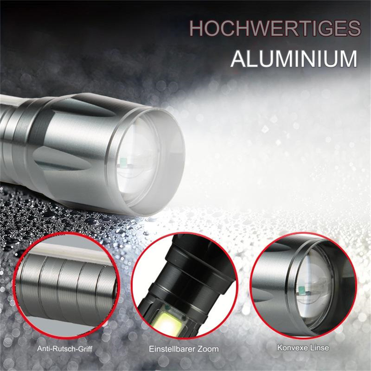 Silberne Taschenlampe mit Details zu Griff, einstellbarem Zoom und Linse.