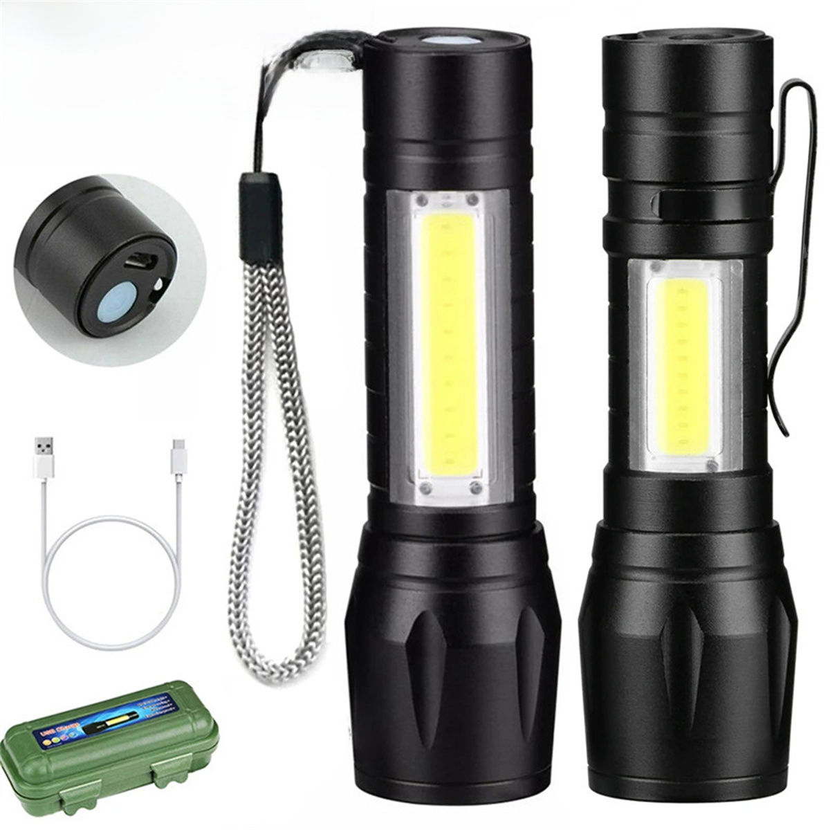 Taschenlampen mit USB-Kabel und grünem Etui. Die Taschenlampen sind schwarz und haben Licht.