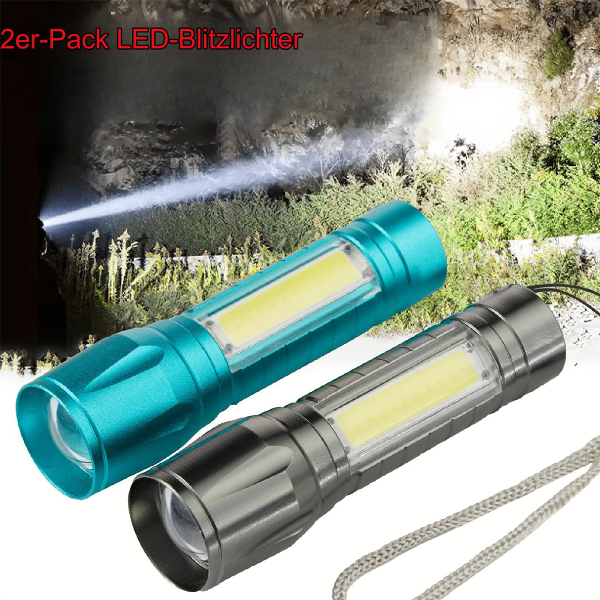 Zwei Taschenlampen. Eine türkis, eine silber, zeigen auf eine Höhle.
